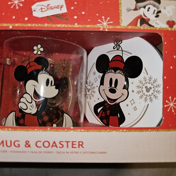 Disney Christmas Minnie Mouse Glass Mug and Coaster Set Gift Box Red Plaid - Picture 2 of 4